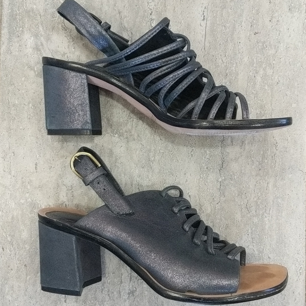 Metallic gray leather heels